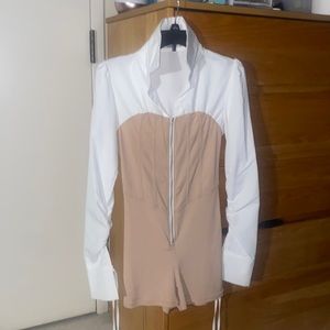 Glamaker Color Block Tie Cuff Ruched Puff Sleeve Romper